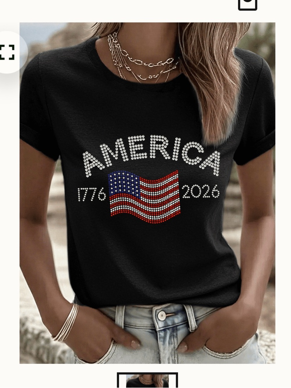 American flag rhinestone black tee 1776-2026 size medium